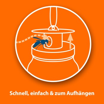 Illustration eines hängenden Insektenfängers mit einem blauen Insekt am Eingang auf einem orangefarbenen Hintergrund. Text: "Schnell, einfach & zum Aufhängen."