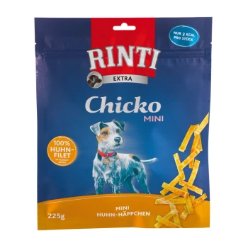 Rinti Chicko Mini Hundeleckerlis Verpackung mit einer kleinen Hundillustration, beschriftet mit '100% Huhn-Filet' und '225g.'
