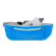 Blaues Haustier-Hüftpack mit einer Wasserflasche, mit einem hellgrünen Reißverschluss und einer kleinen Fronttasche, beschriftet mit "RUFFWEAR."