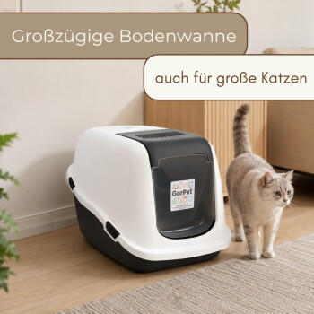 Weiße überdachte GarPet-Katzentoilette neben einer beigen Katze; sichtbarer Text: "Großzügige Bodenwanne" und "auch für große Katzen"