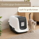 Weiße überdachte GarPet-Katzentoilette neben einer beigen Katze; sichtbarer Text: "Großzügige Bodenwanne" und "auch für große Katzen"