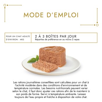 Assiette de nourriture humide pour chat tranchée avec basilic ; titre en français « MODE D'EMPLOI » et texte « 2 À 3 BOÎTES PAR JOUR »