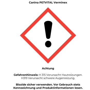 Warnhinweis auf Canina PETVITAL Verminex – rotes Rautensymbol mit schwarzem Ausrufezeichen, Aufschrift „Achtung“ und deutsche Gefahrenhinweise H315/H319.