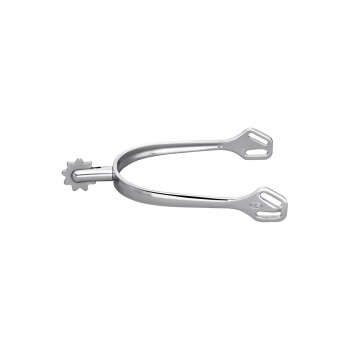 Ein glänzender Metallsporn mit einem sternförmigen Riemen und zwei Befestigungspunkten, entworfen für den Reitsport.