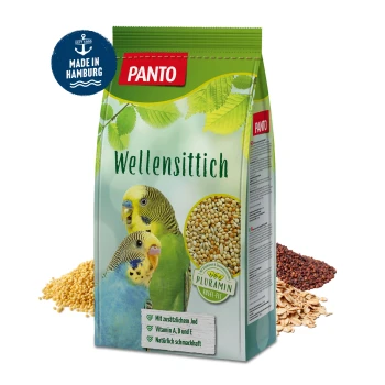 PANTO Wellensittichfuttertüte mit zwei bunten Wellensittichen, mit sichtbaren Körnern und Samen, die herausfallen, gekennzeichnet mit ernährungsphysiologischen Vorteilen.
