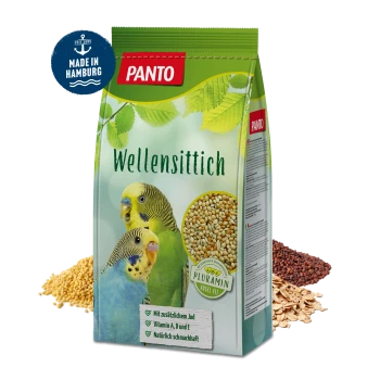 PANTO Wellensittichfuttertüte mit zwei bunten Wellensittichen, mit sichtbaren Körnern und Samen, die herausfallen, gekennzeichnet mit ernährungsphysiologischen Vorteilen.