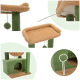 Ein mehrstöckiger Katzenbaum mit einem strukturierten beige-grünen Design, mit einem hängenden Pom-Pom-Spielzeug, einem gemütlichen Versteck und Kratzpfosten.