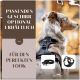 Ein stilvoller Hund in einem schwarzen Geschirr mit verschwommenen warmen Lichtern im Hintergrund. Text: "Passendes Geschirr optional erhältlich" und "Für den perfekten Look."