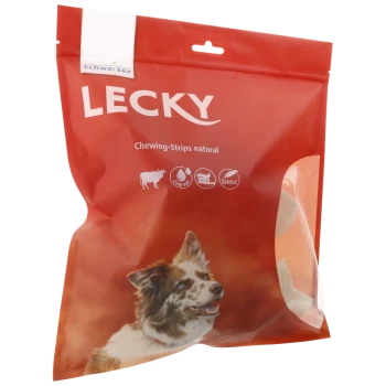 Rote Verpackung für LECKY Kaustreifen natürlich, mit einem Hund auf der Vorderseite und Symbolen für fettarm und empfindliche Verdauung.