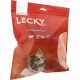 Rote Verpackung für LECKY Kaustreifen natürlich, mit einem Hund auf der Vorderseite und Symbolen für fettarm und empfindliche Verdauung.
