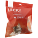 Emballage rouge pour les bandes à mâcher LECKY naturelles, avec un chien sur le devant et des icônes pour faible teneur en matières grasses et digestion sensible.
