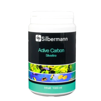 Behälter mit Silbermann Aktivkohle Silberlinie für Aquarien, 1000 ml, mit bunten Fischen und Wasserpflanzen auf dem Etikett.