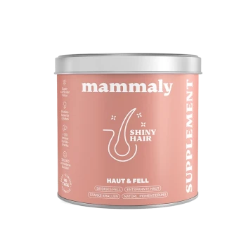 Rosa Dose des Haustierpräparats mammaly Shiny Hair (Haut & Fell), silberner Deckel, weißes Haar-Icon und vertikaler Schriftzug 'SUPPLEMENT'.