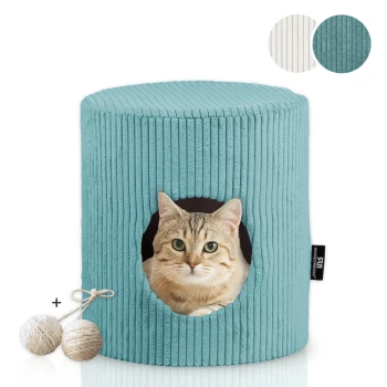 Eine weiche, türkisfarbene Katzenhöhle mit einem runden Eingang, mit einer Katze, die herausblickt. Enthält zwei verspielte Wollknäuel, die mit einem Faden verbunden sind.