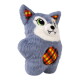 Gray plush wolf pet toy with green embroidered eyes, white muzzle and small fangs, orange-yellow plaid belly and ear accents.