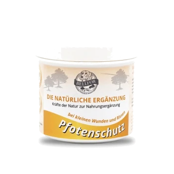 Weißes Glas mit der Aufschrift "Pfotenschutz" für den Schutz von Haustierpfoten, mit Text über natürliche Inhaltsstoffe für kleine Wunden und Risse.