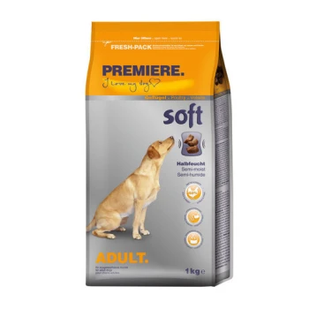 PREMIERE soft adult dog food bag, poultry, 1 kg, orange-gray pack with Labrador image and text "PREMIERE. I love my dog"
