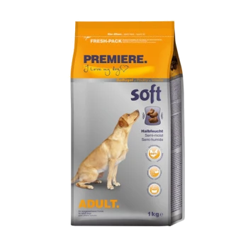 PREMIERE Soft Adult Hundefutterbeutel, Geflügel, 1 kg, orange-graue Verpackung mit Labradorbild und Schriftzug 'PREMIERE. I love my dog'.
