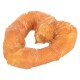 Rawhide dog chew treat shaped like a twisted ring, light brown and textured, isolated on white background.