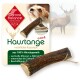 Natürlicher Hundekau-Stick aus 100% Geweih, beschriftet mit 'Kaustange Größe L', mit Text, der seine ernährungsphysiologischen Vorteile hervorhebt.