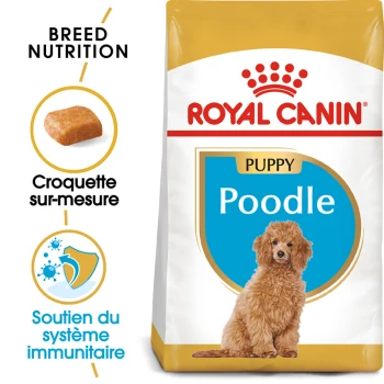 Sac de nourriture pour chien Royal Canin Puppy Poodle avec un chiot caniche duveteux, avec un texte mettant en avant la nutrition de la race et le soutien immunitaire.