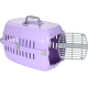 Purple pet carrier with a gray handle and a removable front door, featuring ventilation slits for airflow.