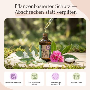 Ein lächelnder Shiba Inu neben einer Grafik über ein natürliches Zecken- und Mückenabwehrmittel für Haustiere, das die zweiwöchentliche Anwendung und die Inhaltsstoffe hervorhebt.