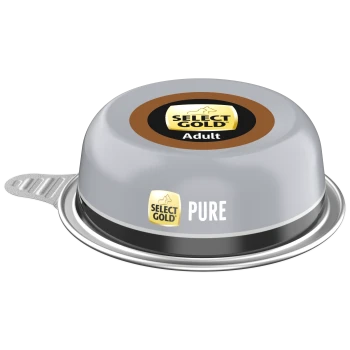 Select Gold Pure Adult Nassfutter für Hunde in einer grauen Metalldose mit Ziehlasche und schwarzem-goldenem Etikett.
