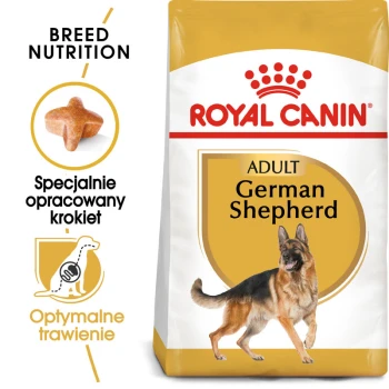 German Shepherd Adult 11 kg Torba z jedzeniem dla psów Royal Canin dla dorosłych owczarków niemieckich, z obrazkiem psa, szczegółami żywienia rasy i tekstem po polsku o zoptymalizowanym trawieniu.