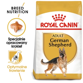 Torba z jedzeniem dla psów Royal Canin dla dorosłych owczarków niemieckich, z obrazkiem psa, szczegółami żywienia rasy i tekstem po polsku o zoptymalizowanym trawieniu.