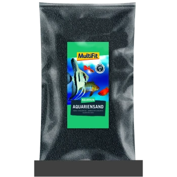 Sable d'aquarium noir dans un sac en plastique transparent, étiqueté "MultiFit Aquarium Aquariensand," avec des images de poissons colorés et un symbole de pH neutre.