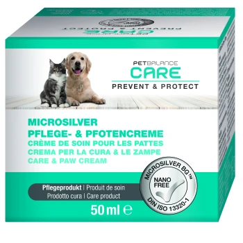 MicroSilver Pflege- & Pfotencreme 50 ml Verpackung der PetBalance Care Prevent & Protect Pfotencreme mit einem Hund und einer Katze, beschriftet mit "Mikrosilber" und "50 ml."