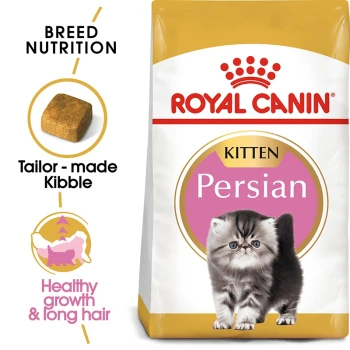 Royal Canin Persian kitten food bag with a fluffy kitten and text on "Breed Nutrition," "Tailor-made Kibble," and "Healthy growth."