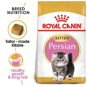 Royal Canin Persian kitten food bag with a fluffy kitten and text on "Breed Nutrition," "Tailor-made Kibble," and "Healthy growth."
