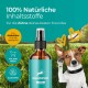 Flasche Hundepflege-Spray von Hundpur mit einem türkisfarbenen Etikett, das Informationen über natürliche Inhaltsstoffe enthält, geeignet für diabetische Hunde und zuckerfrei.