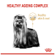 A stylish dog with long, shiny fur and a bow, labeled "Healthy Ageing Complex," highlighting benefits for healthy skin and coat.