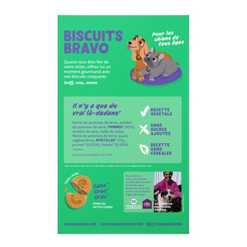 Emballage de nourriture pour animaux "Biscuits Bravo" avec des chiens de dessin animé, présentant une recette de légumes, sans sucres ajoutés, et un don pour aider les animaux.