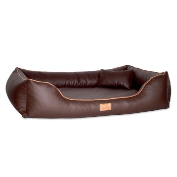 Braunes Haustierbett mit einem weichen, gepolsterten Design und einem kleinen passenden Kissen, mit einem beigen Rand und einem Etikett, das "tierland" liest.