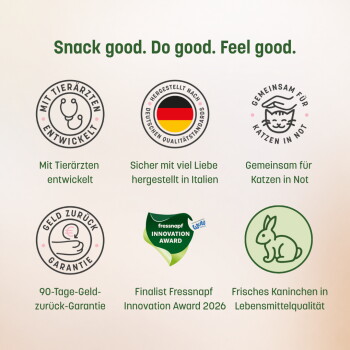 Sechs hypoallergene KatKare-Snackdosen auf einer Küchenarbeitsplatte mit der Überschrift „6 Unwiderstehliche Sorten“ und Geschmacks-Symbolen.