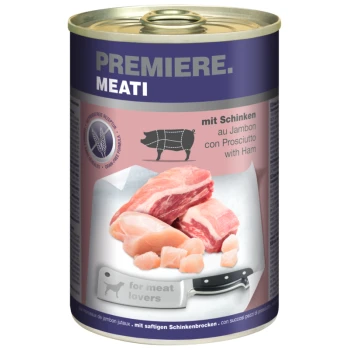 Meati Ham 6x400 g Blikjes huisdiervoer gelabeld "Premiere. Meati" met ham, met afbeeldingen van rauwe vleesstukken en een mes met de inscriptie "voor vleesliefhebbers."