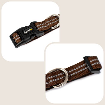Braunes gewebtes Hundehalsband mit reflektierenden Streifen, Metall-D-Ring und schwarzer Kunststoffschnalle mit Aufdruck lionto (zwei Nahaufnahmen).