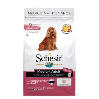 Hundfutterbeutel mit einem Golden Retriever, beschriftet mit 'Schesir Medium Maintenance', mit natürlichen Zutaten, Prosciutto und Biotin.