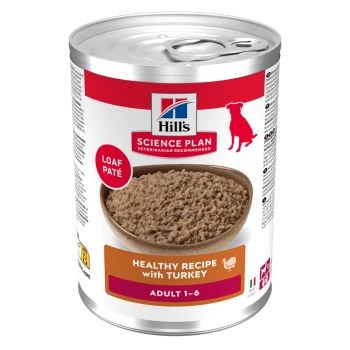 Can of Hill's Science Plan dog food, loaf paté, Healthy Recipe with Turkey, Adult 1-6, bowl photo and red dog silhouette