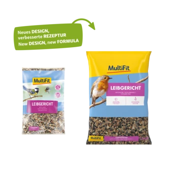 Un sac de 5 kg de nourriture pour oiseaux MultiFit étiqueté "Leibgericht," présentant des images d'une mésange charbonnière et d'un rouge-gorge, avec un texte en plusieurs langues.
