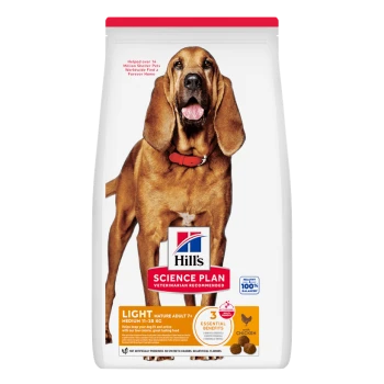 Hill's Science Plan Light Hundefuttersack mit großem braunem Hund mit rotem Halsband; Text: "Light Mature Adult 7+" und "mit Huhn"