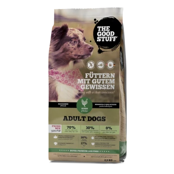 Tüte The Good Stuff Hundefutter für erwachsene Hunde mit Huhn, zeigt einen Hund mit rosa Halstuch und Text auf Deutsch und Englisch.