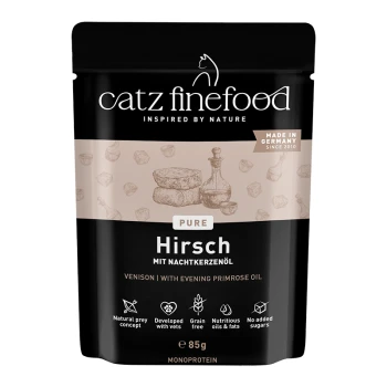 Catz Finefood Pure Hirsch Wildkatzenfutter mit Nachtkerzenöl, getreidefrei, ohne Zuckerzusatz, 85g Beutel, hergestellt in Deutschland.