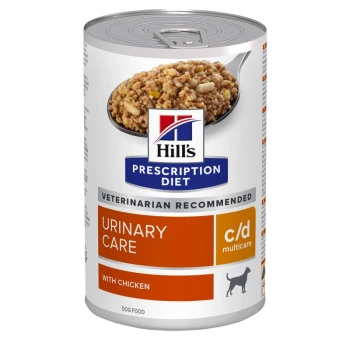 Nourriture en conserve pour chien Hill's Prescription Diet pour le soin urinaire, contenant du poulet, avec une étiquette de recommandation vétérinaire.