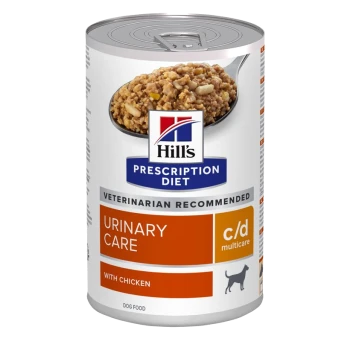 Hill's Prescription Diet Dosenfutter für Hunde zur Harnwegspflege, mit Huhn, mit einem Tierarzt-Empfehlungslabel.