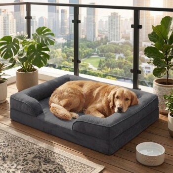 Golden Retriever liegt auf einem grauen Hundebett mit Rand auf einem Balkon mit Stadtsilhouette, Topfpflanzen und weißer Wasserschale mit der Aufschrift 'woof'.